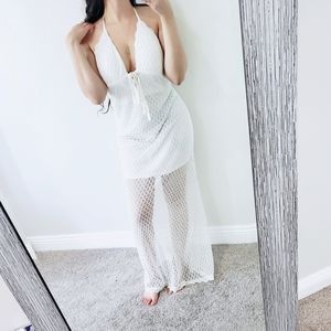 White crotchet halter tie dress